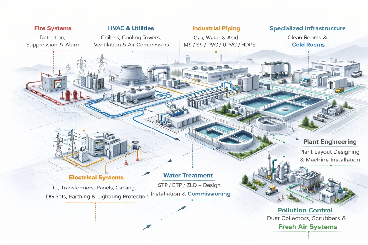 VPSTEC expertise at a glance — an industrial site diagram showing fire systems (detection, suppression and alarm), HVAC and utilities (chillers, cooling towers, ventilation and air compressors), industrial piping for gas, water and acid in MS, SS, PVC, UPVC and HDPE, specialized infrastructure (clean rooms and cold rooms), plant engineering (plant layout designing and machine installation), pollution control (dust collectors, scrubbers and fresh air systems), water treatment (STP, ETP and ZLD design, installation and commissioning), and electrical systems (LT, transformers, panels, cabling, DG sets, earthing and lightning protection), connected as one plant.