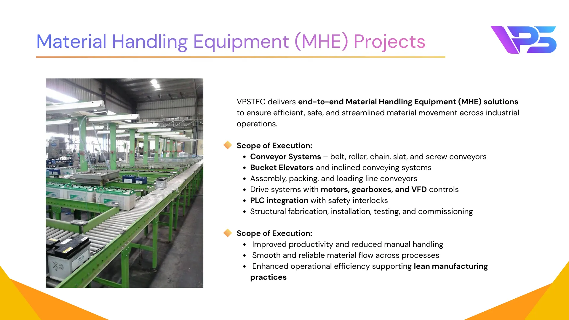 Material Handling Equipment (MHE) Projects. Company profile slide 15 of 18.